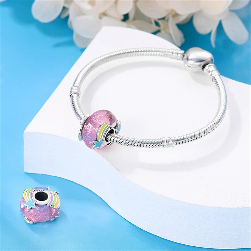New 925 Sterling Silver Colorful Flower Murano Glass Charm Fit Original Bracelet Necklace Heart Murano Glass DIY Fine Jewelry image 6