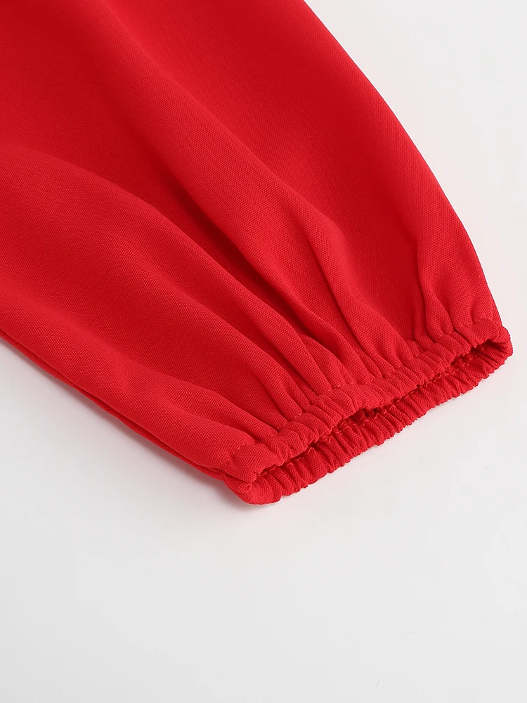 Tonval V-Neck Elegant Tea Dress 2024 Autumn Clothes for Women Bishop Sleeve Elastic Waist Pleated Solid Plain Long Dresses