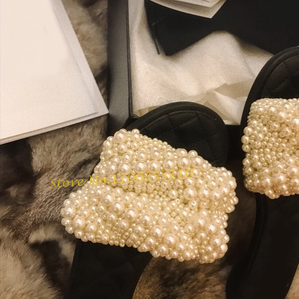 Luxury Women Pearls Flat Slippers Banquet Comfy Sweet Slippers Solid Open Toe 2022 Women Spring Summer Elegant Pearl Shoes