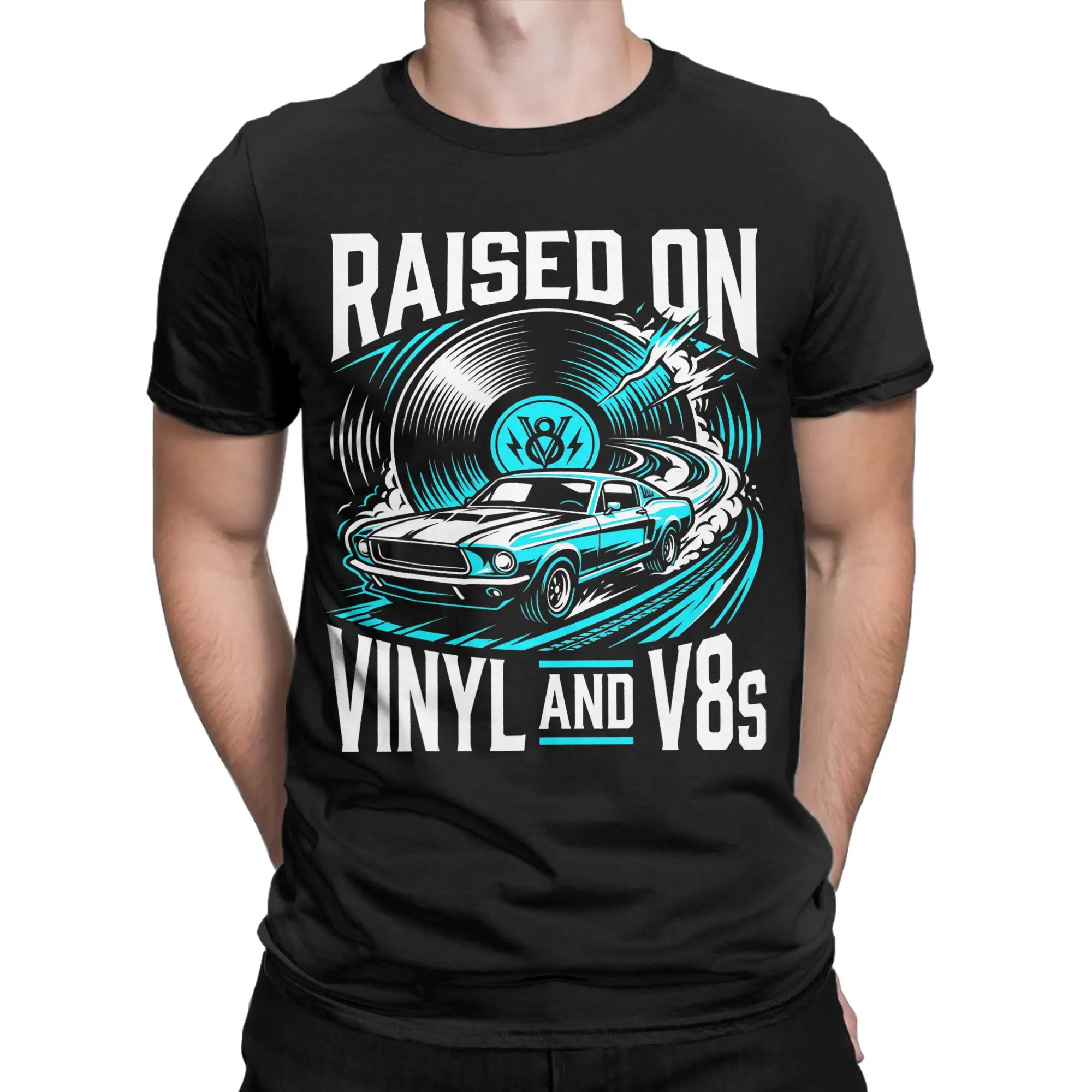 Fashion Raised On Vinyl and V8s Retro Car Music Culture T-Shirts for Men Pure Cotton T Shirts  Short Sleeve Tees 4XL 5XL 6XL Top