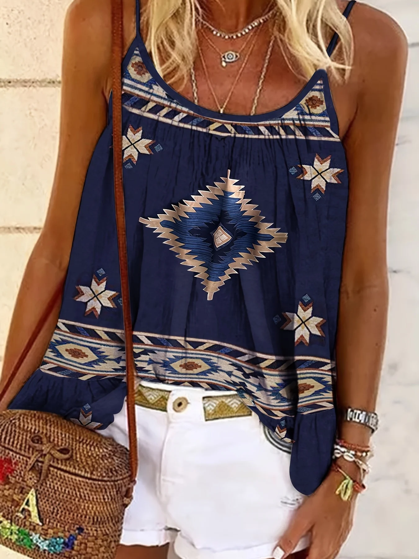 Gilet da donna con stampa etnica western, canotta casual senza maniche, gilet retrò ampio da donna