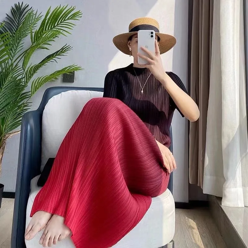 Classic Japanese Pleats Please Pleated Gradient Color Plus Size Issei Long Dress For Women Elegant Top Skirt One Piece Clothes