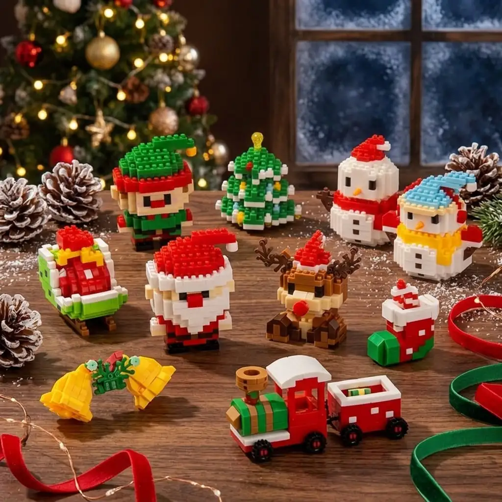 12-Piece Christmas Gift Box Building Block Set, Featuring Santa Claus, Snowman, Christmas Tree, Creative and Cute Designs, Suitable for Children—Ideal Birthday and Holiday Gifts, Lovely Desktop Decorations The Perfect Halloween/Christmas Gift or Family Parent-Child Toy.