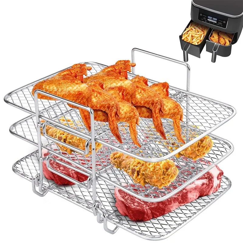 

304 Stainless Steel Rectangular Drying And Steaming Rack, Three-Layer Air Fryer Accessories, Detachable Dehydration Rack