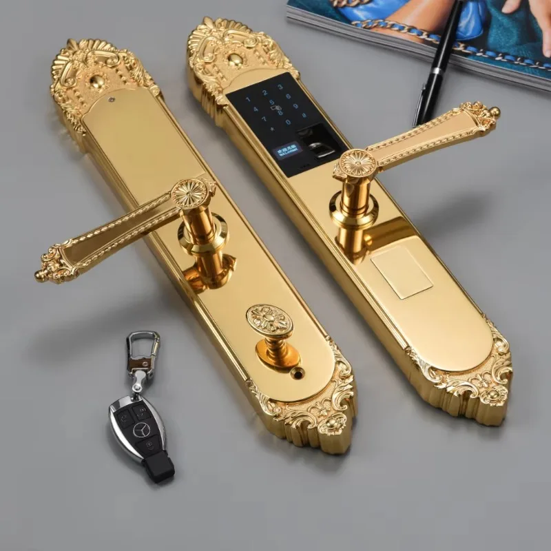 

Pure Copper Fingerprint Electronic Front Door Lock Security Smart Ock Antique Brass with Handle Lock Set