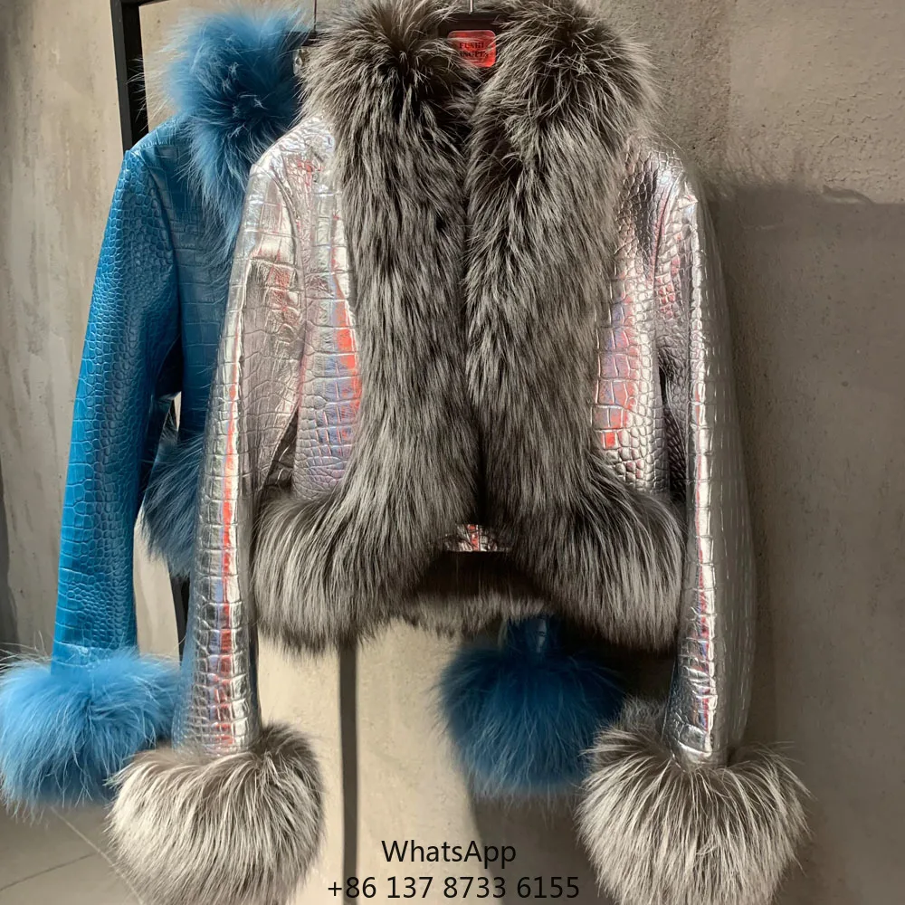 

Высококачественная синяя шуба с крокодиловым узором, женская куртка с мехом лисы
