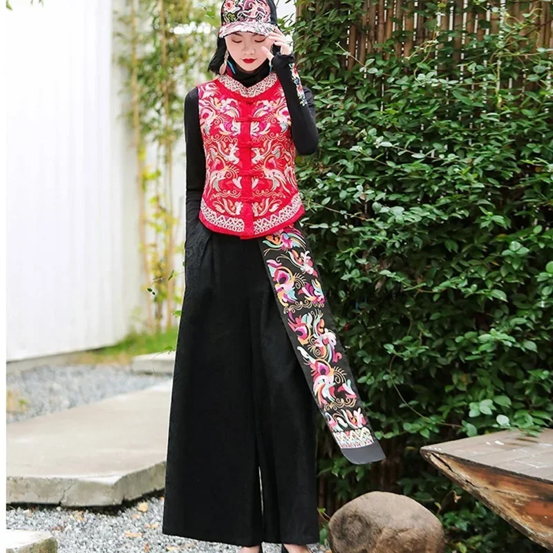 Chinese Style Women Cotton Linen Wide Leg Pants 2025 Spring Retro Ethnic Loose Tibetan Trousers Oriental Fashion Clothing 12941