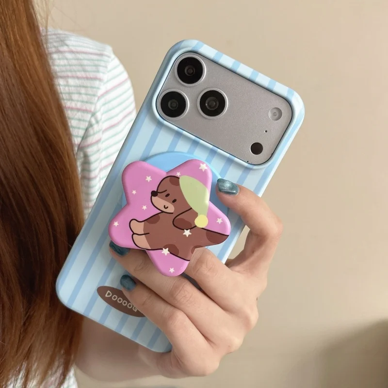 

Korean Blue Stripes Magnetic Phone Case For iPhone 16 Pro 17 15 Pro Max Back Cover with Star Dog Stand Hard Protective Cases Fun