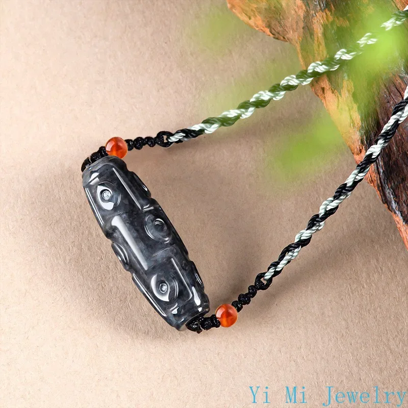 Natural GradeA Myanmar Jadeite Pendant Wuji Stone Nine Eyes Dzi Bead Jade Necklace Men Women Fashion Jewellery Gift with Lanyard