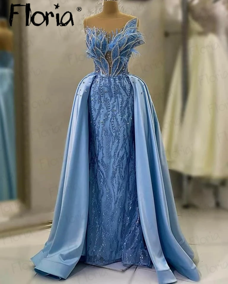 Blue Feathers Formal Evening Dresses Detachable Train Women 2023 Beaded Sheath Dress With 3D Leaf Design Wedding Party Gowns