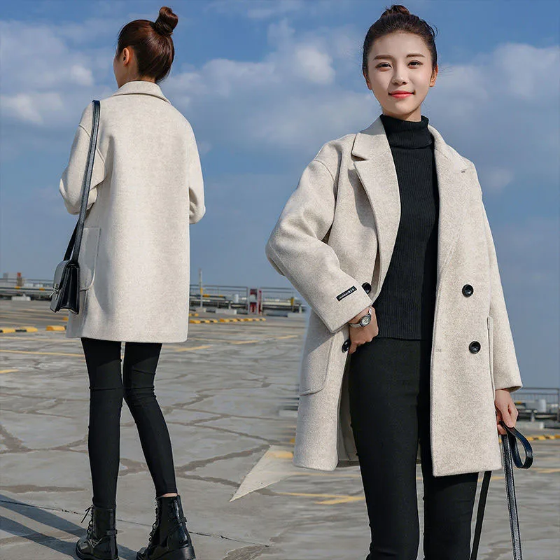 

Woolen Coat Women Nice Pop Autumn Winter Loose Thick Warm Jackets Female Double Breasted Elegant Casual Wool Coat Overcoat