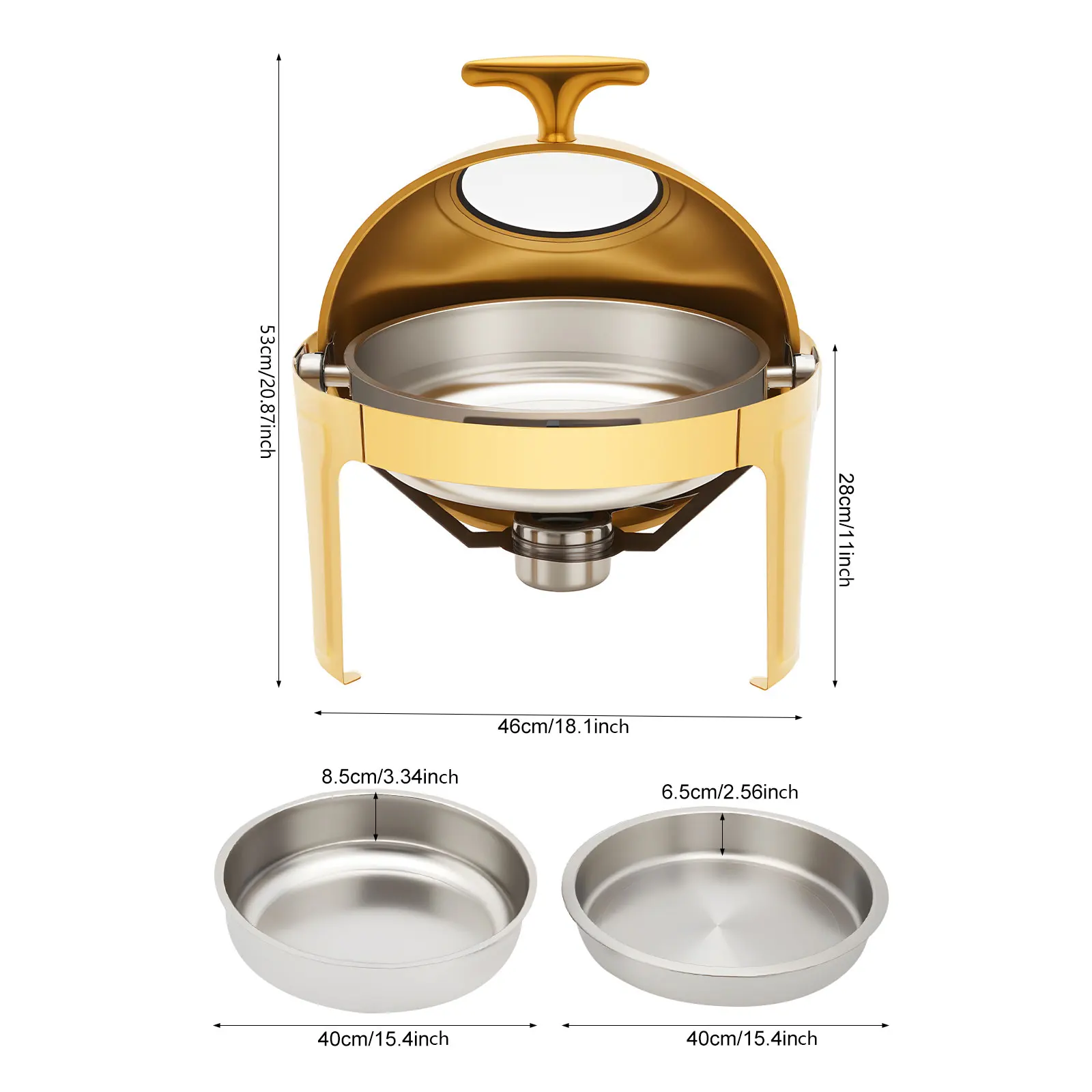 Chafing Dish Buffet Server Food Warmer, 201 SS Round Catering Equipment for Parties Weddings, Visible Glass Lid Keep Warm Hot Food Display, Commercial Grade Countertop Warmer with Fuel Holder