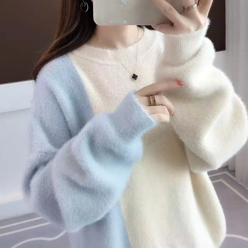 Autumn Winter New Contrast Color Fashion Long Sleeve Sweater Women High Street Oversize Pullovers Korean Style Thicken Warm Tops