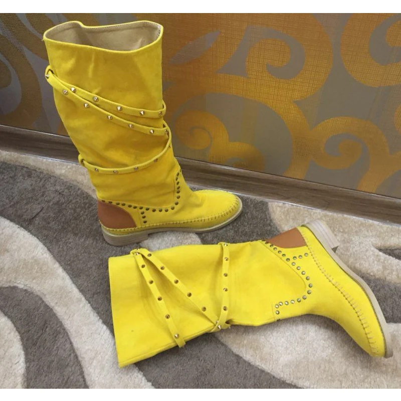 

Yellow Suede Round Toe Rivet Slip-On Flat Knee High Boots Woman Winter 2026 White Sewing Spike Long Boots Fashion Shoes