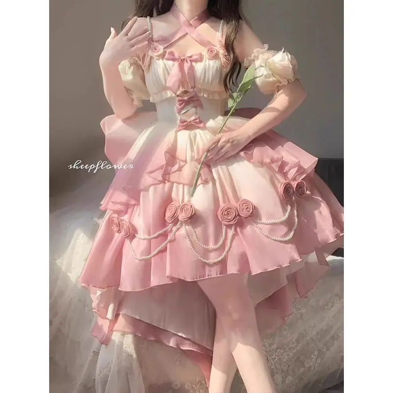 

Gradually Varied Pink Light Flower Wedding Hollow-out Front Short Back Long Lolita Puffy Heavy Industry Dress