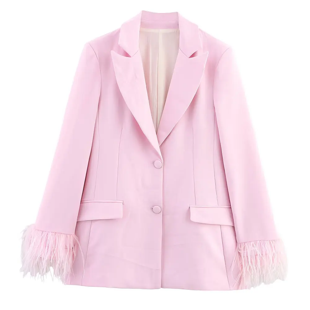 

Блейзер с манжетами и перьями и элегантные прямые брюки, европейско-американский модный женский наряд с верхней частью тела и низом