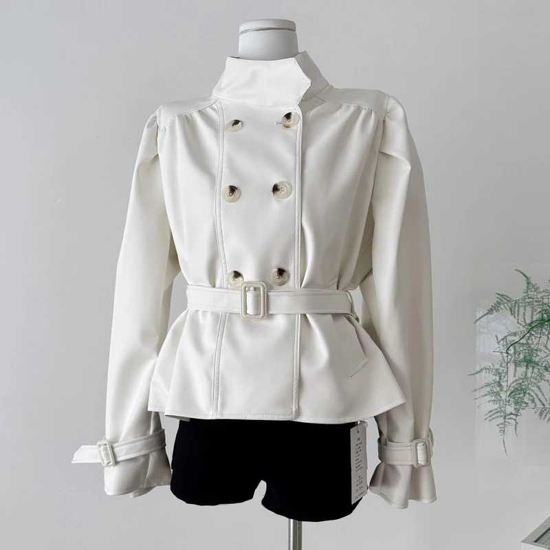 

PU Leather Jacket For Women Double-Breasted Loose Fashion Coat Luxury Black White Coat 2025 Street Motorcycle Overcoat Tops
