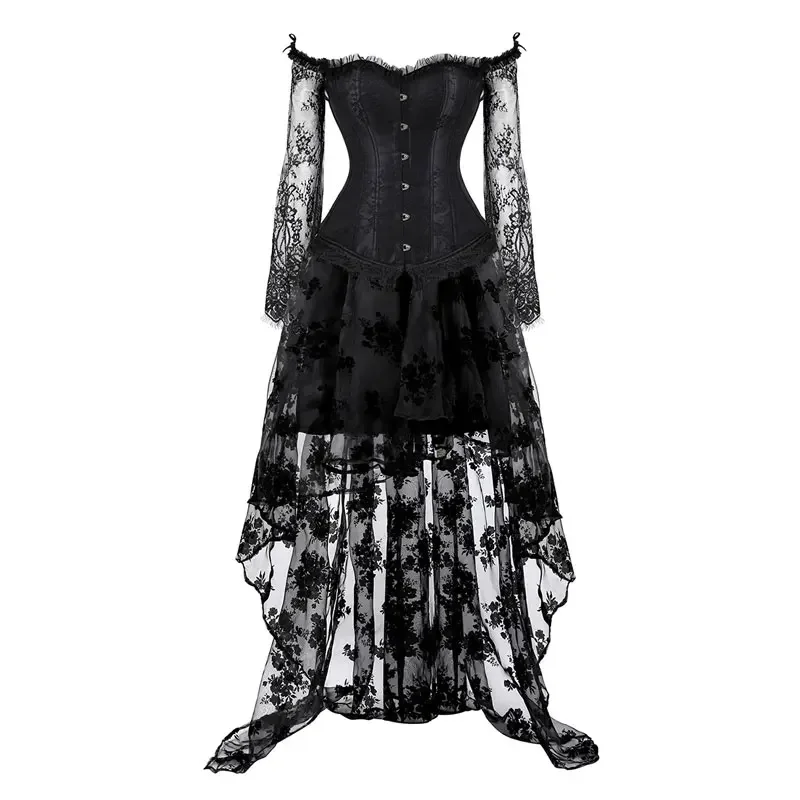 

Women Sexy Off Shoulder Lace Sleeves Corset Bustier Top With Tulle Long Skirt Set Vintage Lingeries Sexys Tops Suit