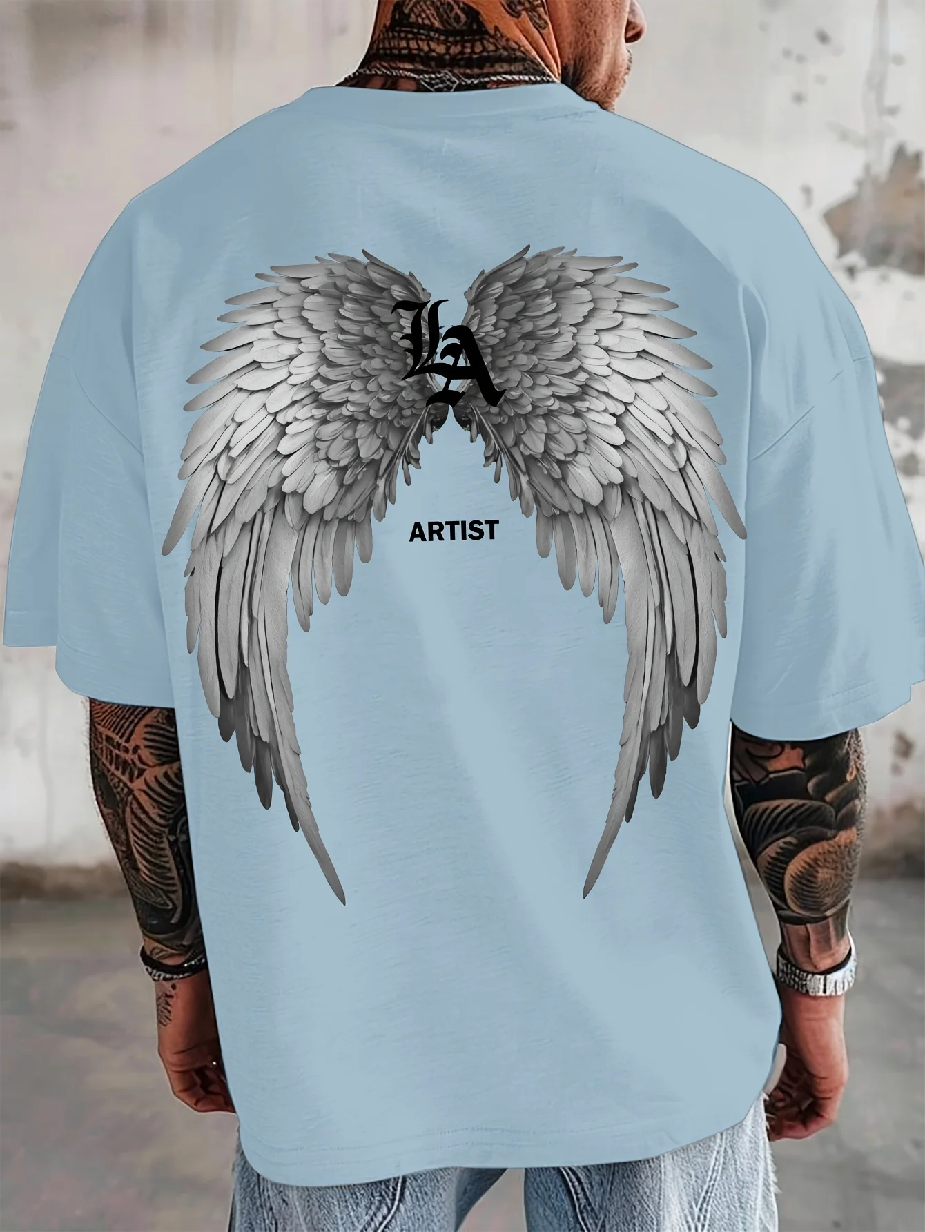 Men's Summer Short-sleeved T-shirt Trendy Casual Street Style 100% Cotton Angel Wings Pattern Print Design Loose Soft Round Neck