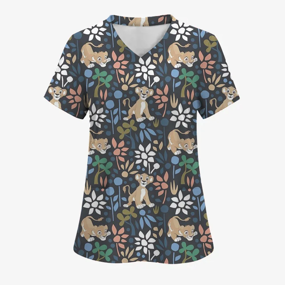 المرأة العمل موحدة طباعة الكرتون الأسد الملك قصيرة الأكمام الخامس الرقبة القمم فام بلوزة ممرضة ملابس العمل الزي الطبي