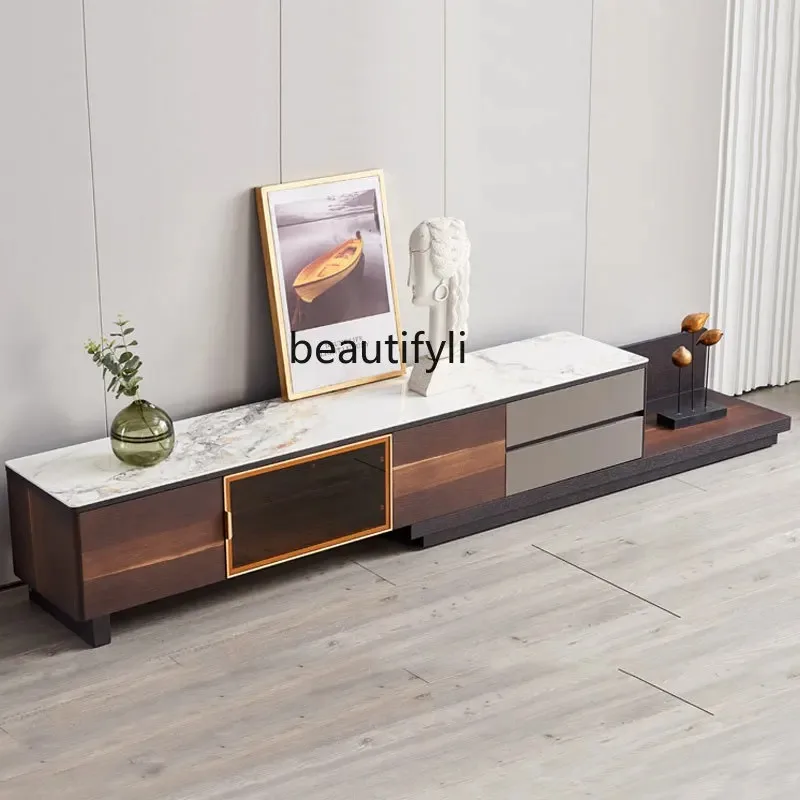 โต๊ะกาแฟทรงสี่เหลี่ยมสไตล์อิตาเลียนหรูหราเบาๆ รุ่น V132 สีสโมคกี้ โมเดิร์น มินิมอล สำหรับห้องนั่งเล่น พร้อมตู้เก็บของใต้โต๊ะ