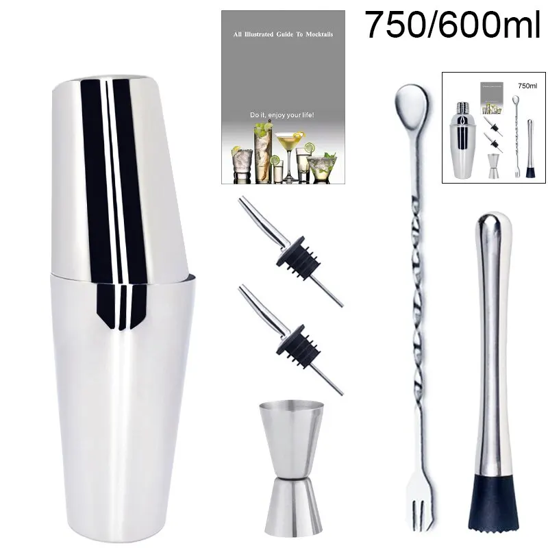 1-6Pcs 750ml 750/600ml Cocktail Shaker Set Com Receita Cocktail, Bartending Kit Bar Ferramentas Acessórios Pourer Muddler Jigger