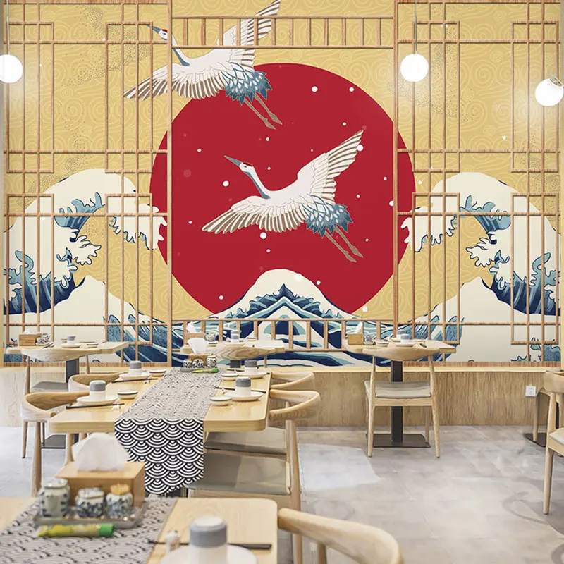 

Customized product 3D retro crane Japanese Wallpaper tatami waves floating world painting mural restaurant background bedroom 8d