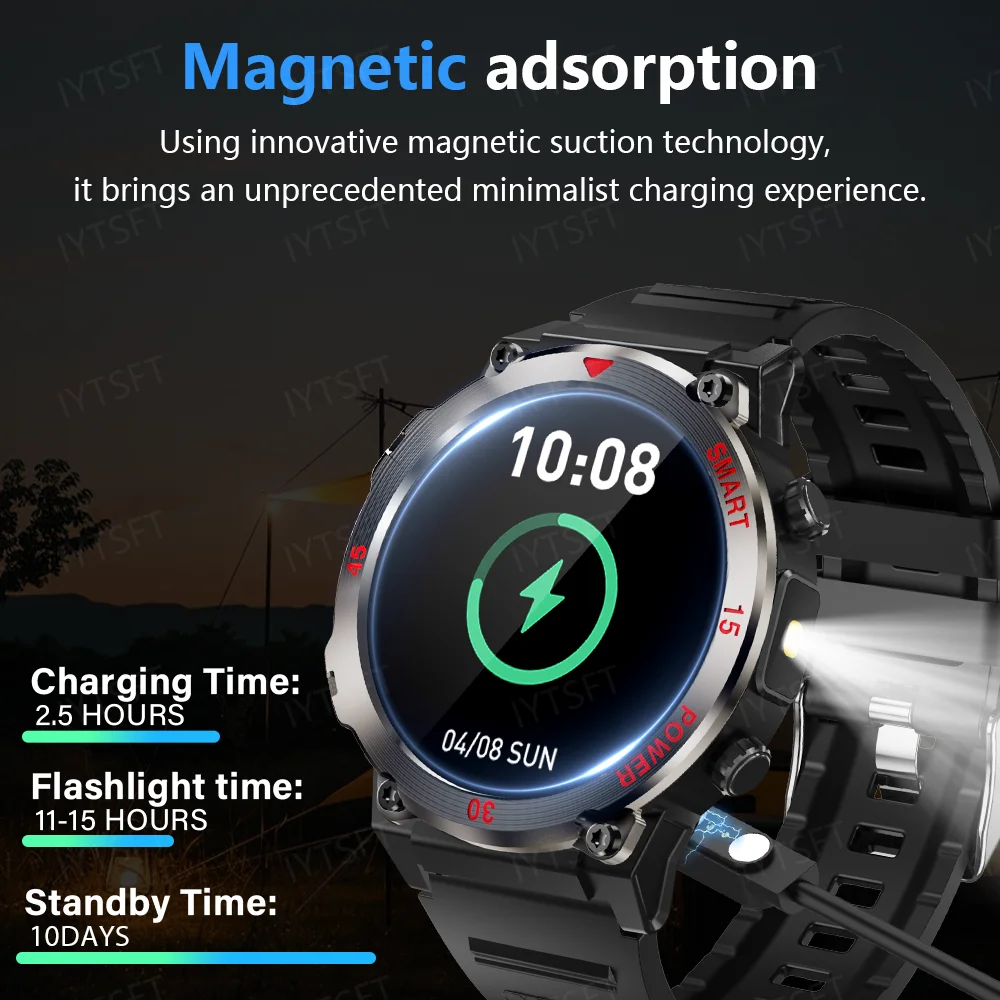 LAXASFIT New Smart Watch Men's Outdoor Sports LED Flashlight  Bluetooth Calling Voice Assistant Health Monitoring Smartwatch