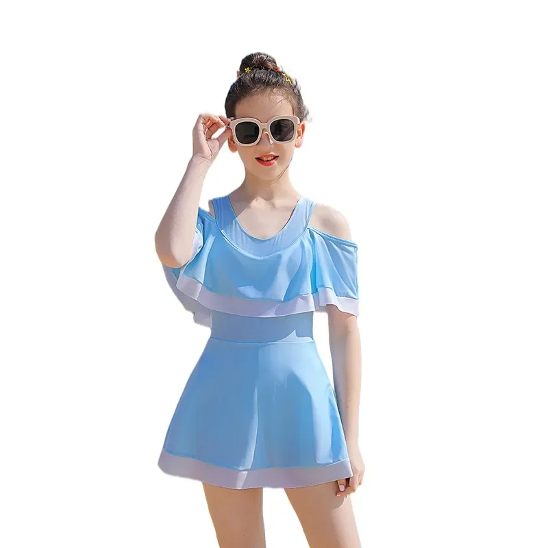 Solid Color Quick Dry Lotus Hot Spring Girl Swimsuit New Korean Version of Ins Wind Big Child One-piece Swimsuit