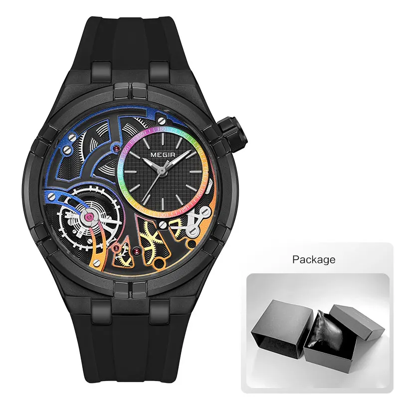 MEGIR Military Sport Quartz Watch for Men Fashion Black Silicone Strap Waterproof Wristwatch with Luminous Hands MN8111G