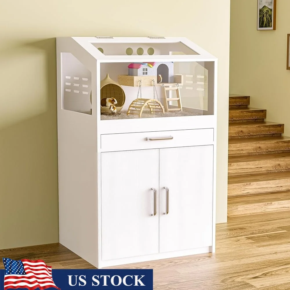 

Hamster Cage with Storage Cabinet Large Habitat Easy Clean Acrylic Panels Ventilation Small Animals Guinea Pig Safe Assembly