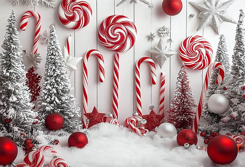 Mehofond Christmas Candyland Photography Backdrop Newborn Birthday Party Snow Balls Lollipops Trees White Background Photozone