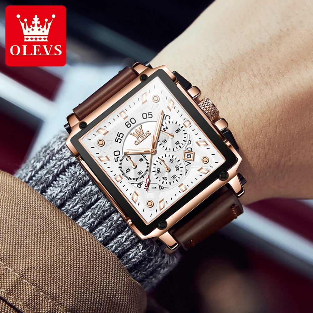 OLEVS-Montre-bracelet carrée à grand cadran pour homme, montre à quartz avec bracelet en cuir, chronographe étanche, horloge de sport