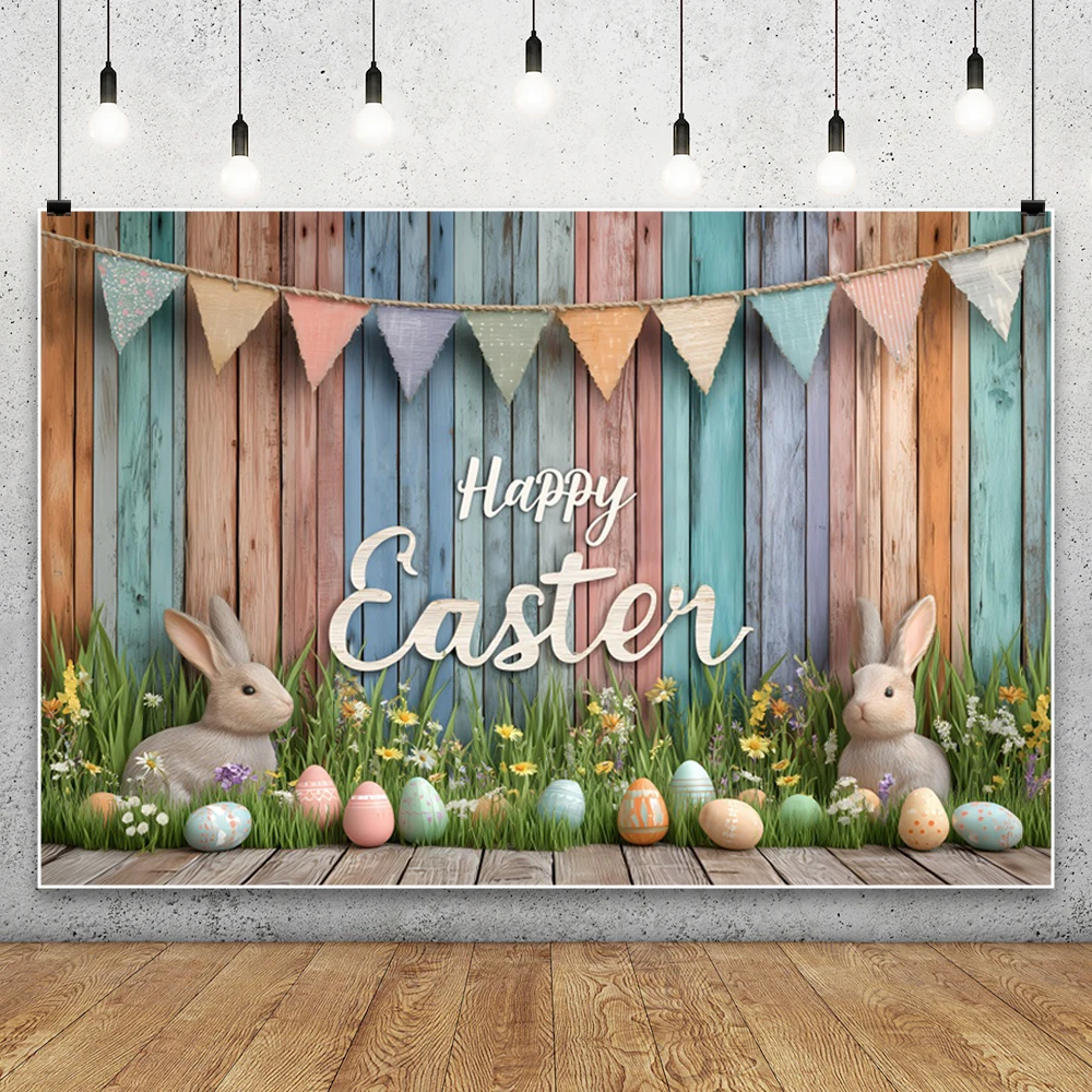 Happy Easter Photography Backdrop Spring Garden Wooden Fence Rabbit Eggs Flowers Kids Adults Easter Party Decor Photo Background