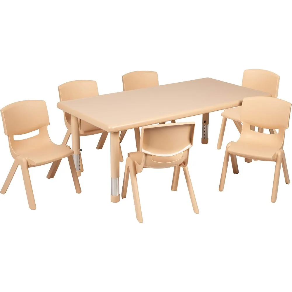 Mesa de atividade plástica ajustável, retângulo, natural L, 6 cadeiras, uso ideal na sala de aula, creche, pré-escola, 24 "x 48"