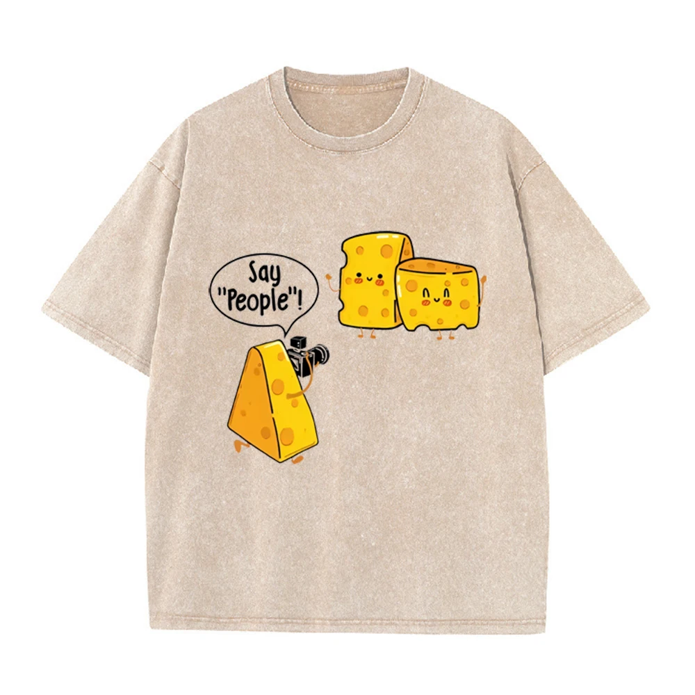 2026 Vintage Washed Beige Cartoon Cheese Photographer Graphic T Shirt Say People Funny Print Oversized Casual Short Sleeve Tee