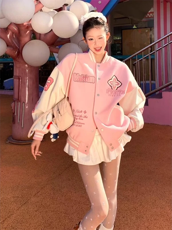 Retro American Pink Baseball Jacket Women's Spring Autumn Loose Casual Embroidered Letter Splicing Coat Outerwear