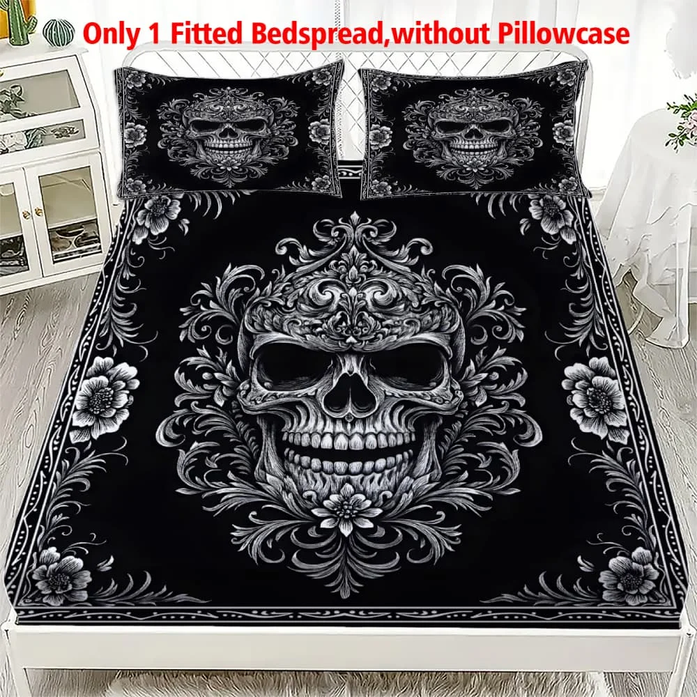 1pc Ornate Baroque Skull Print Fitted Sheet Deep Pocket Elastic Mattress Cover Single Double Queen King Bedroom Decor