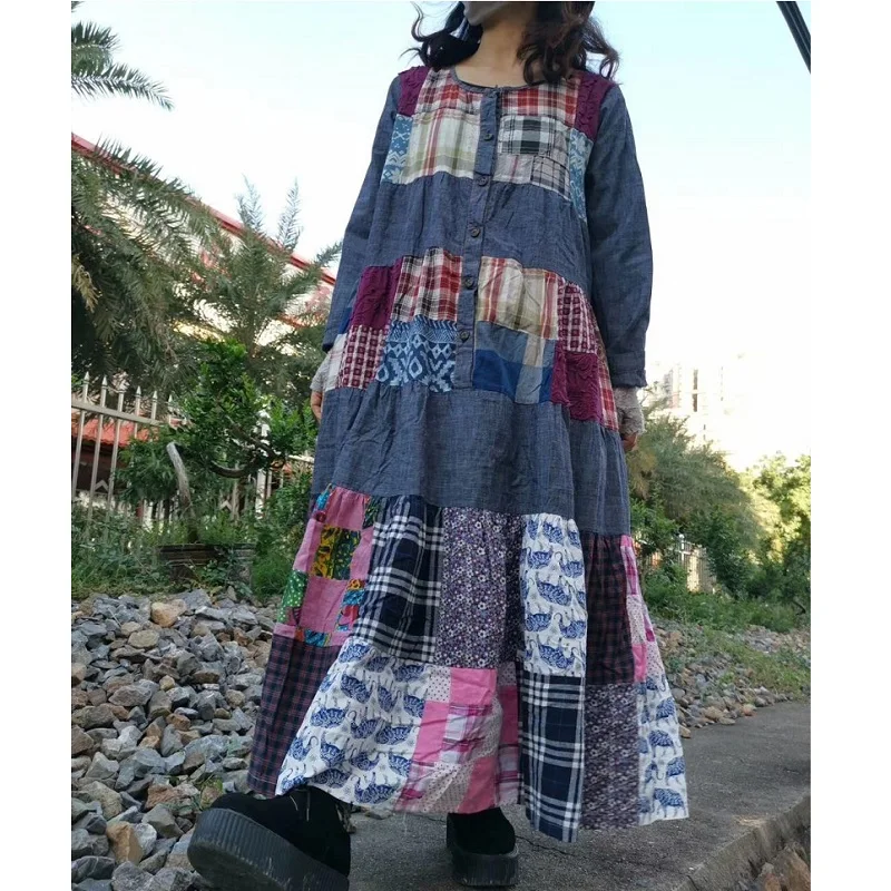 

Original Retro Literary Chinese Style Floral Patchwork Loose Long Sleeve Large Hem Dress Casual Dresses