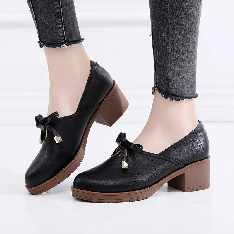 

Medium Square Heel Bow Shallow Pumps Women Sandals 2023 Spring Elegant Leather Shoes OL Office Shoes Ladies Oxfords 41 42 43 33