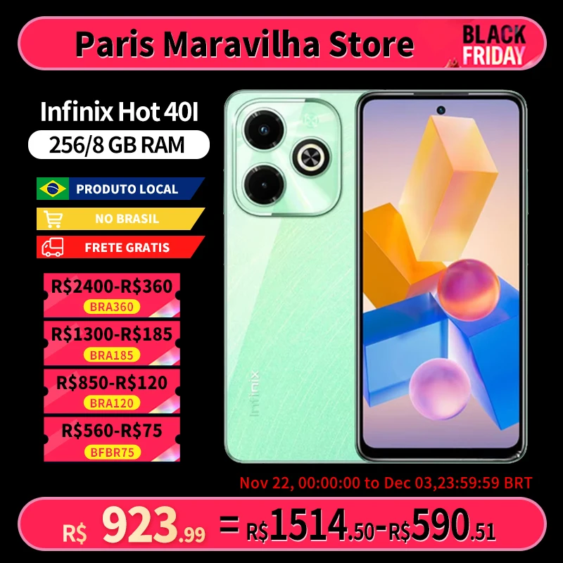 Infinix Hot 40I 256/8GB Processador Unisoc T606, NFC, Bateria 5000Mah