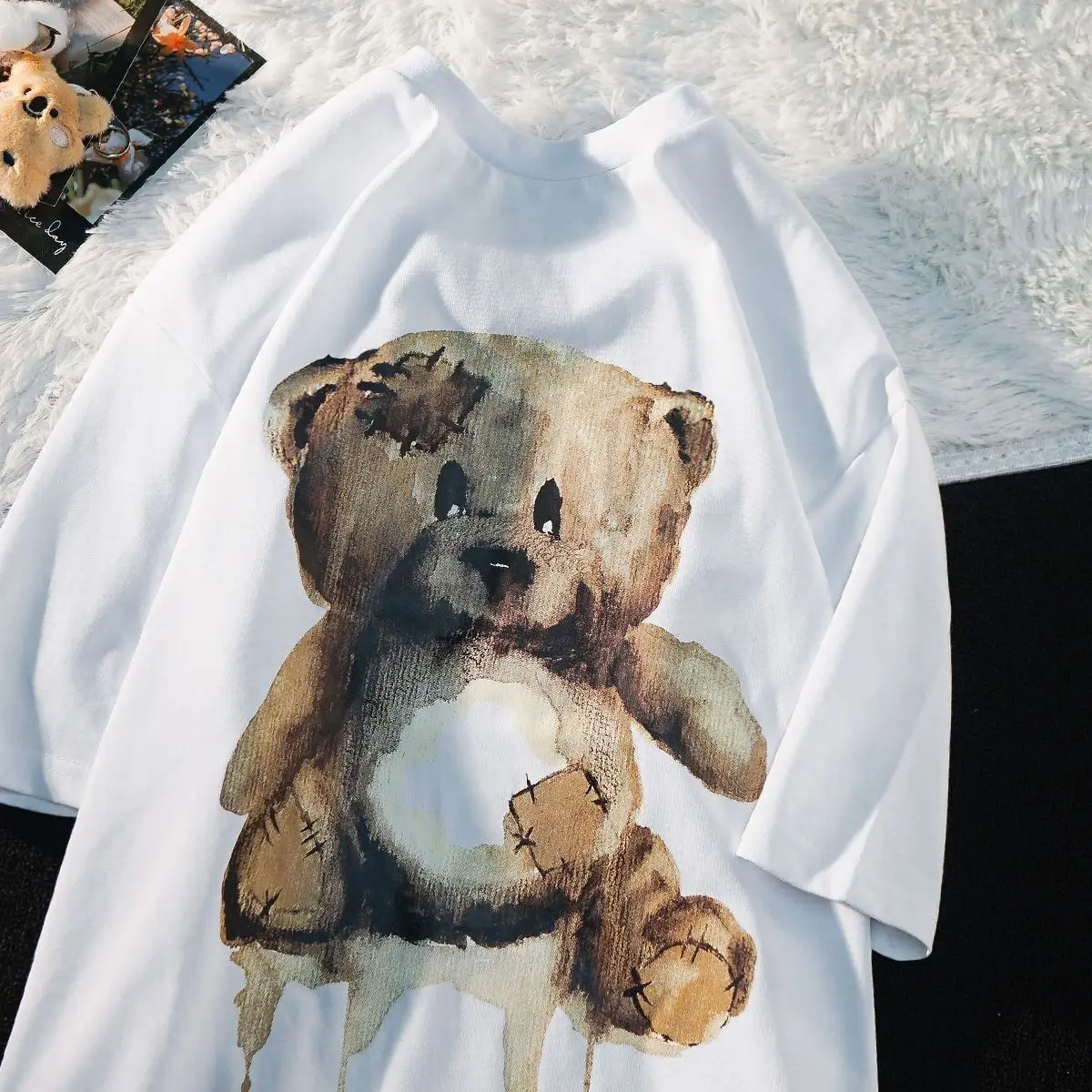 

American Style New Retro Bear Doll Short Sleeved T-shirt for Men and Women Loose and Versatile Summer Couple Pure Cotton Top Ins