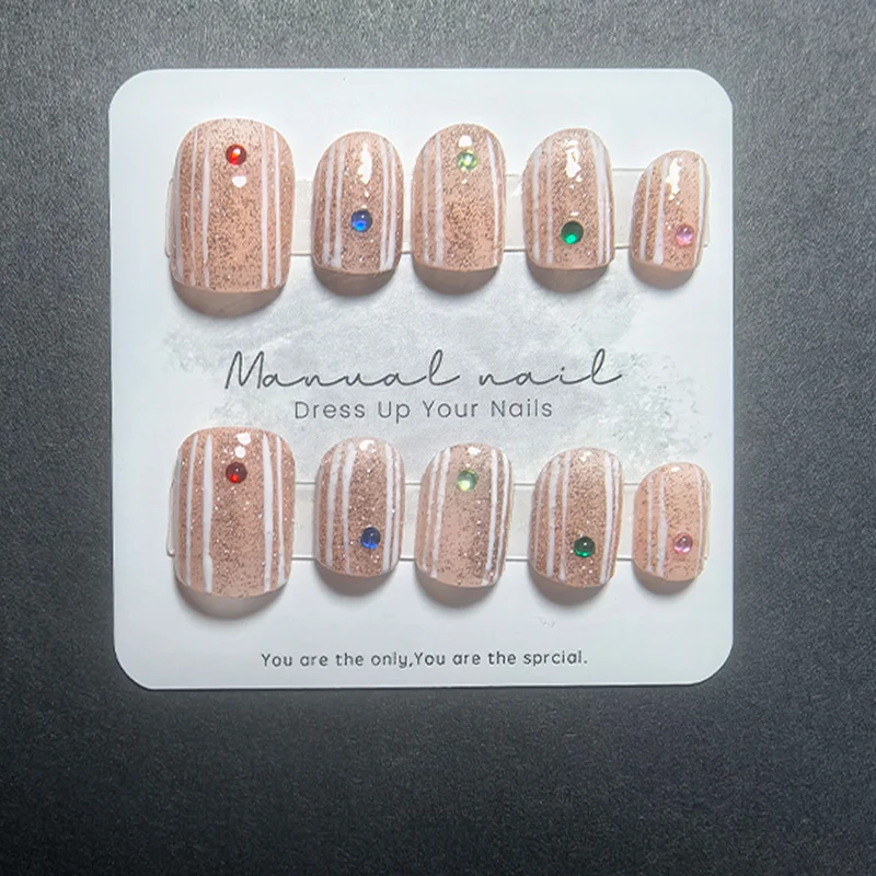 10Pcs Short Square Press on Nails with Crushed Rhinestone an