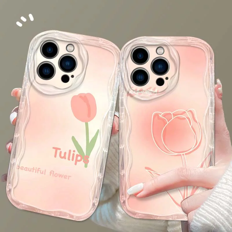 

Тюльпан Розовый Милый Мультфильм Для Apple iPhone 16 16E 15 14 13 12 11 XR XS X Pro Max Plus Wave Oil Cover Мягкий чехол для телефона Funda
