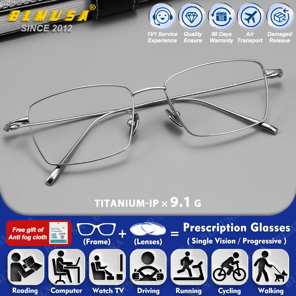 

BLMUSA (L) Men Business Pure Titanium Progressive Computer Prescription Glasses Half-Frame Anti Blue Ray Myopia Optical Eyeware