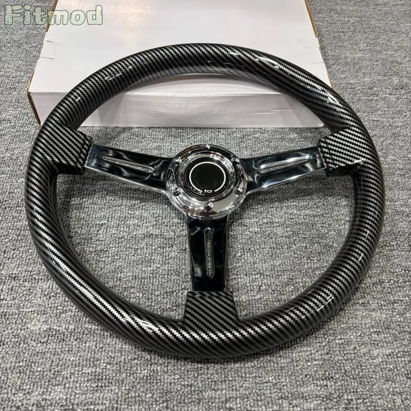 

Retro 14-inch 350MM Carbon Fiber Film ABS Steering Wheel for Racing Sports Cars, Chrome Plated Spokes PCD70MM