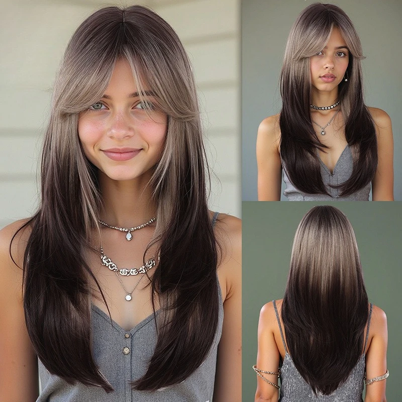 

Wig female figure bangs 613 gradual change brown hair layer dye comfortable breathable wig