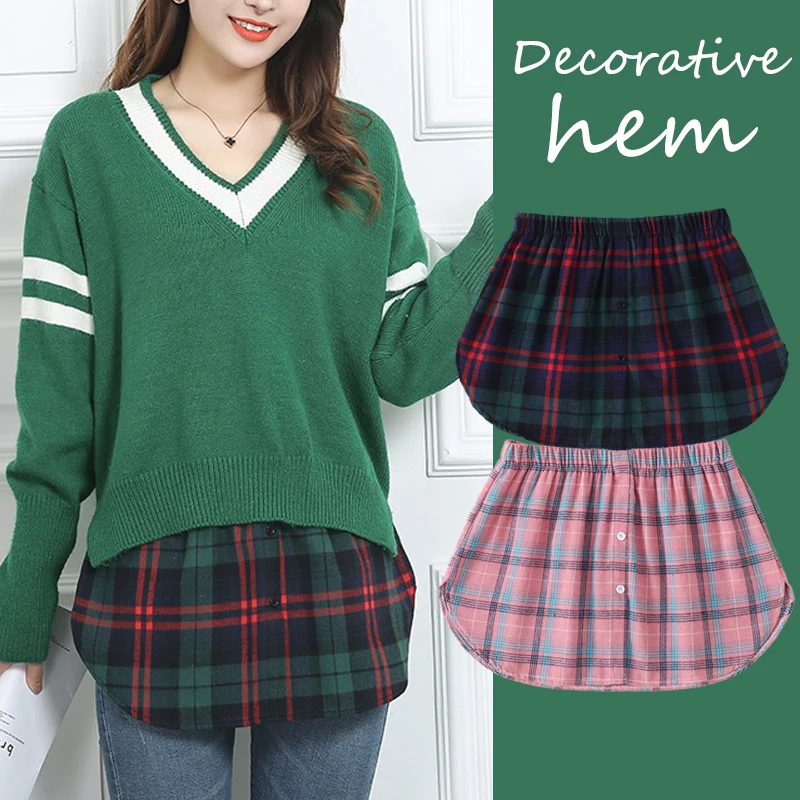 Women Plaid Fake Shirt Irregular Skirt Blouse Tail Hem Cotton Detachable Underskirt DIY Women Garments Accessories