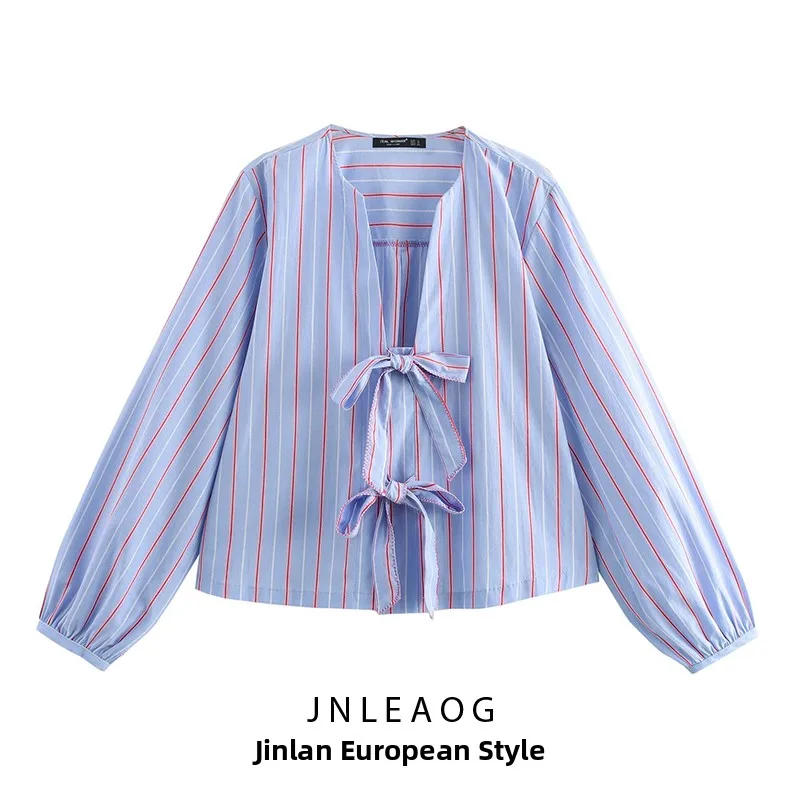 JNLEAOG femmes irt noeud rayé antung rond Ne Long Sve décontracté Faion Polyester Fiber v-ne automne nouveau