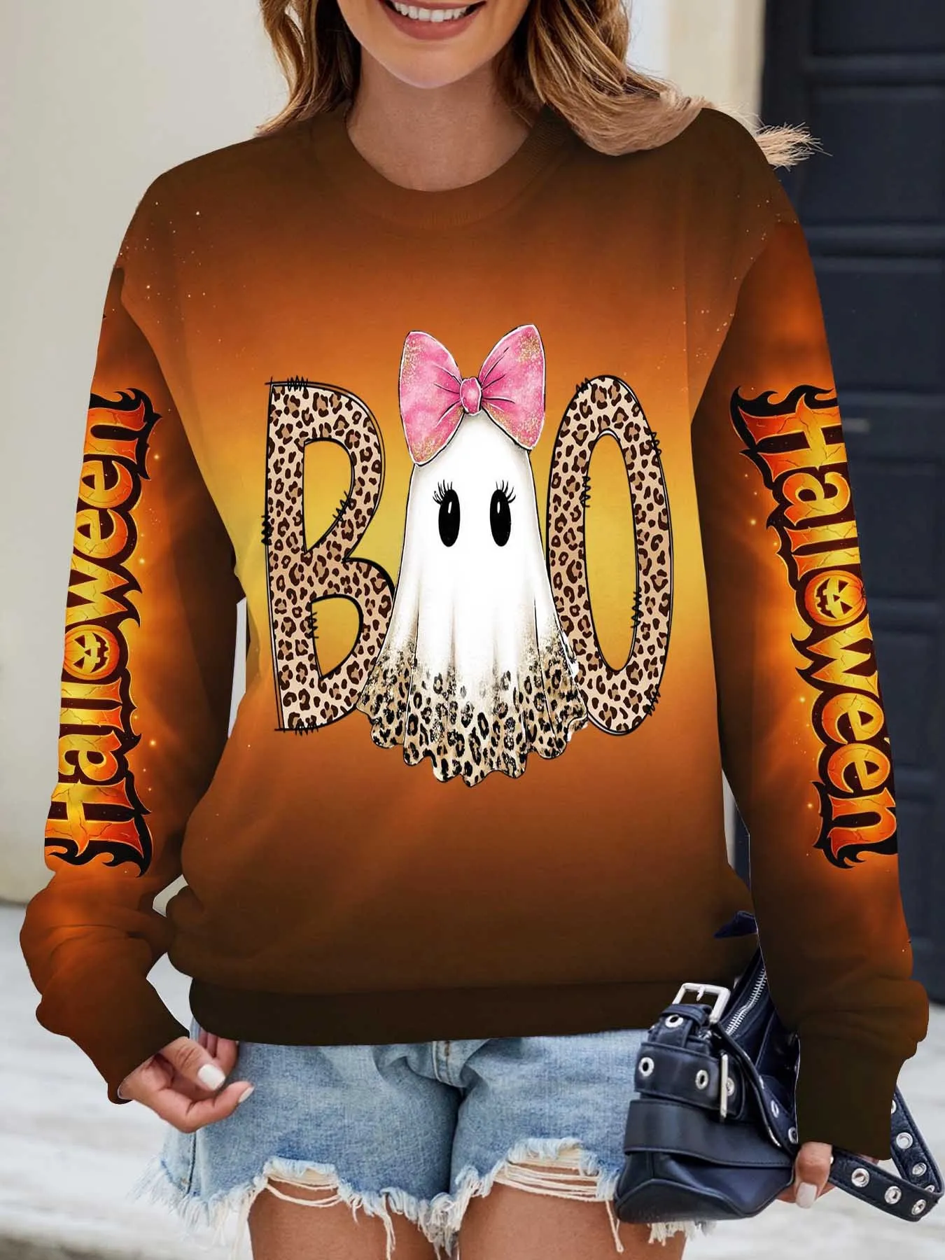 Women Round Neck Long Sleeve T-shirt Fashion New Street Top Halloween Boo Ghost Leopard Print Casual Autumn Ladies Daily Wear